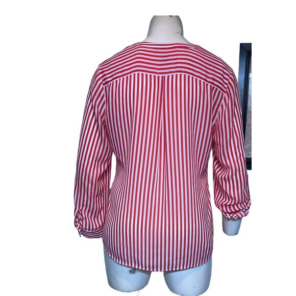 Chicos Blouse Womens Size 2 Large Tie Front Roll Tab Vee Neck Coral White Stripe - Picture 2 of 16